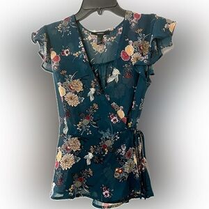 Forever 21 Floral Wrap Flutter Sleeve Top, Deep Teal, Excellent, S